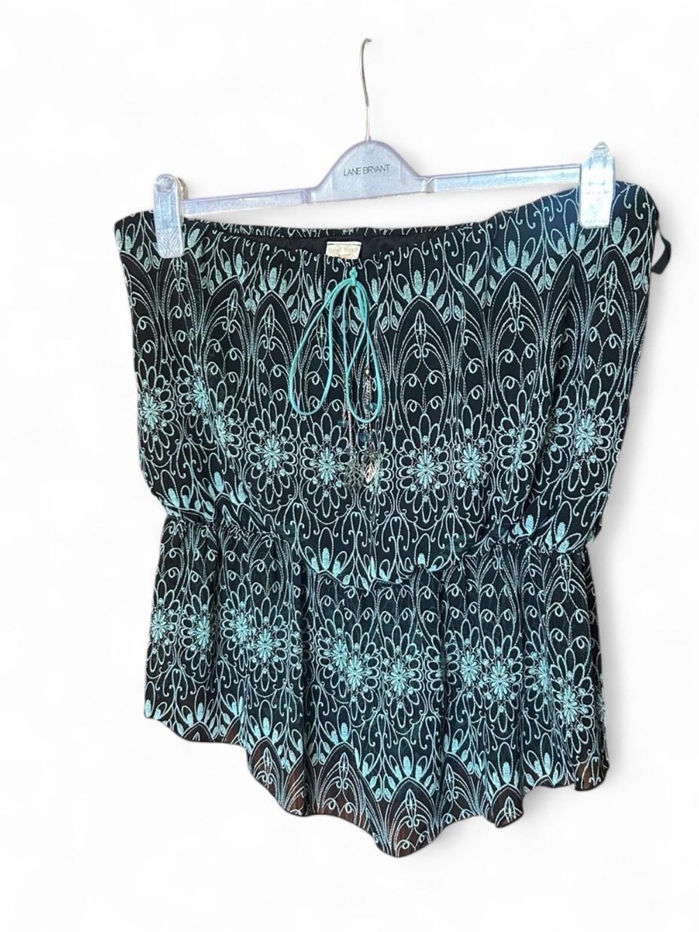 Plus size Black Strapless Peplum blouse, tube top like but flowy with Aqua Print